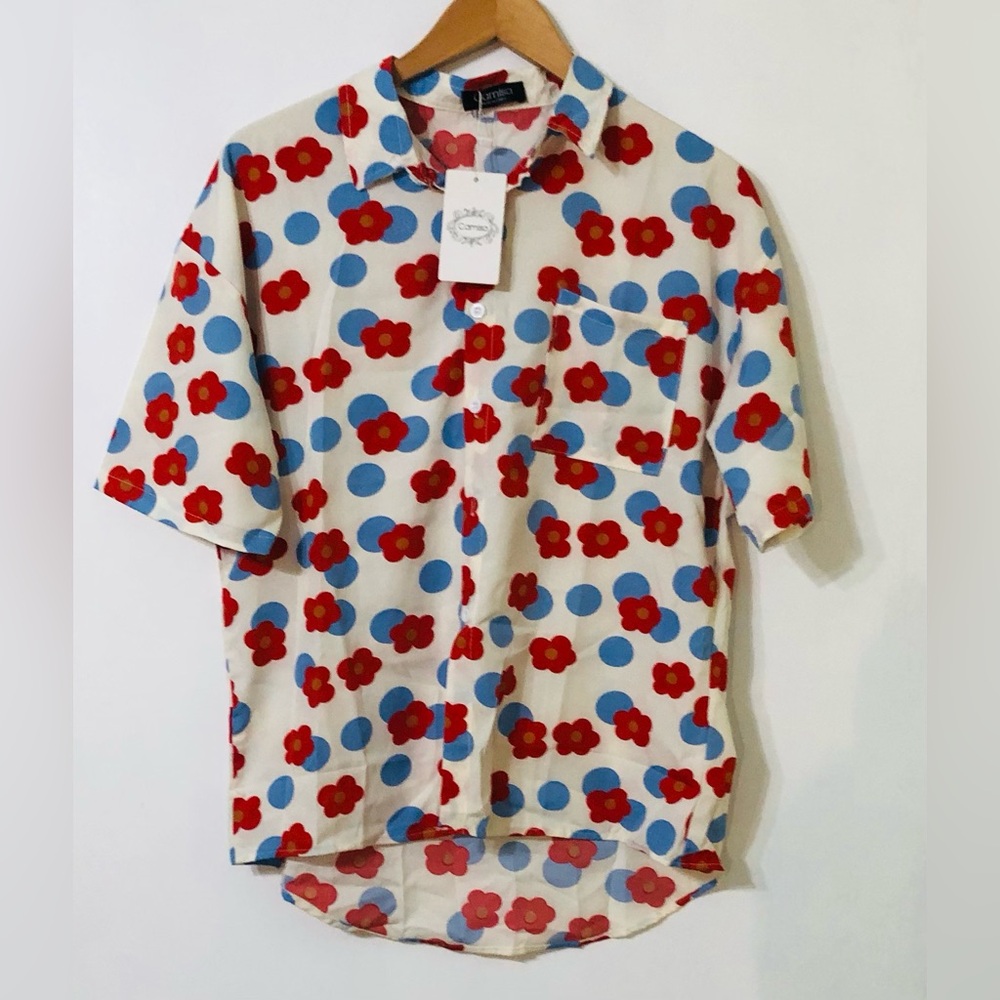 Camisa women’s blouse side pocket buttons down collar beige red blue.2XL